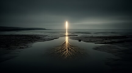 Tree is reflected in the water. The water is dark and the sky is cloudy. The image has a moody