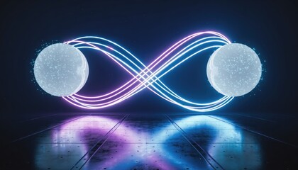 Futuristic infinity with neon lights and abstract sphere reflections