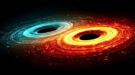 Two glowing red and blue circles that look like they are in a black background. The circles are very close to each other