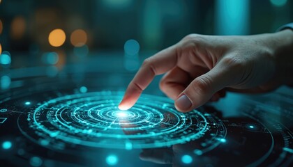 Human finger touches glowing digital interface with circular HUD elements. Futuristic display with data streams and interactive controls in dim light.