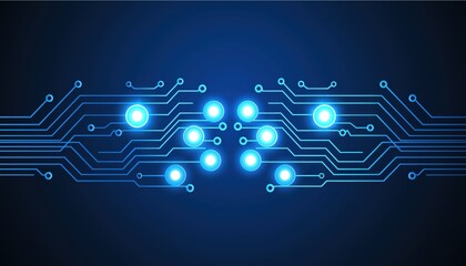 Futuristic digital circuit board with glowing blue connections and technology symbols