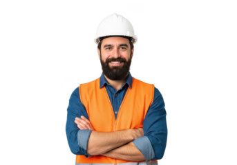 Smiling bearded construction worker wearing white hard hat and orange safety vest with arms crossed isolated on transparent background