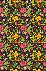 Vector floral seamless ornamental hohloma wallpaper in Slavic style. Great for cards, fabric, textile, packaging, paper, background, decor. Traditional Eastern and Oriental folk motifs.