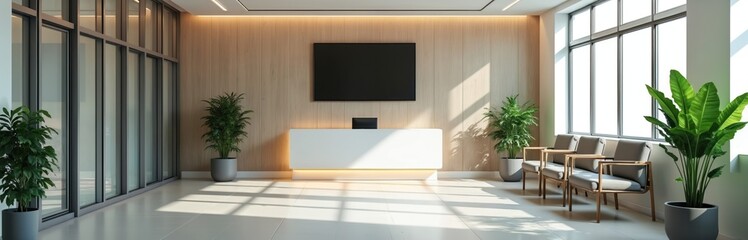 Modern clinic reception with white desk, black screen. Waiting area with grey chairs near large window. Green potted plants. Bright, clean interior. Empty space for text or logo on screen, wall.