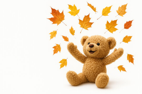 A soft teddy bear with autumn leaves all around. Space for text.