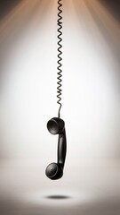 Vintage black phone receiver hanging by coiled cord in minimalist light