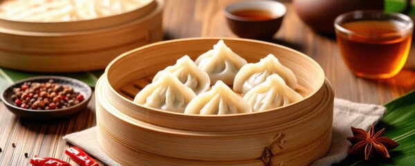 Delicious dumplings served in a bamboo steamer, accompanied by tea and spices, showcasing asian culinary artistry.