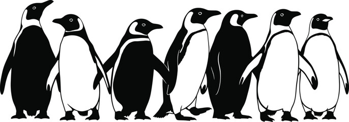 Penguin silhouette row, black and white illustration, cartoon penguins, stylized posture, minimal animal art, cute bird design, arctic theme © Santo's World