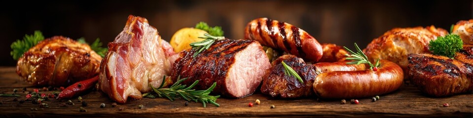 Delicious Assortment of Grilled Gourmet Meats on Rustic Timber - Perfect for Your Next BBQ Cookout
