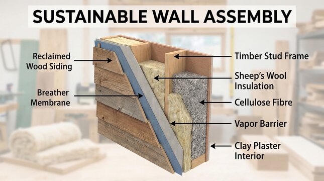 3D diagram of sustainable wall layers including wool insulation and timber frame. Ideal for eco-construction guides and architectural visualization showing green building materials.
