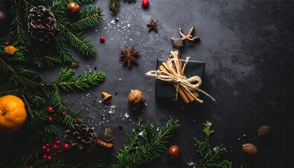 Christmas decor with gift with greenery, and dark bg.