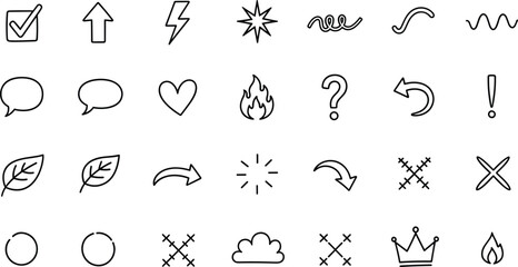 Symbol icon set, black vector shapes, arrows, speech bubbles, hearts, flames, stars, checkmarks, abstract UI elements, graphic design