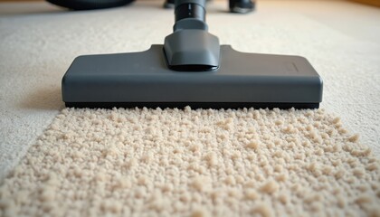 Grey vacuum cleaner head rests on beige carpet. Shows clear deep cleaning action. One side of rug clean, side fluffy. Pro appliance for home improvement. Efficient cleaning equipment for house