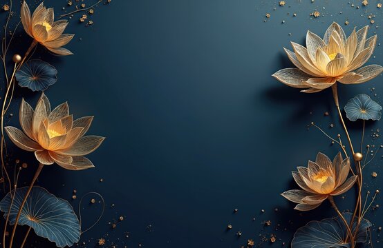 Elegant gold lotus flowers bloom on dark background. Artistic floral design features glowing blossoms, intricate petals, blue leaves. Luxury oriental decor for wall art, fabric, invite, graphic.