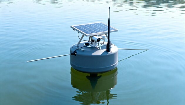 Medium shot of an environmental smart buoy floating on a lake collecting water quality and pollution level data with builtin IoT technology.