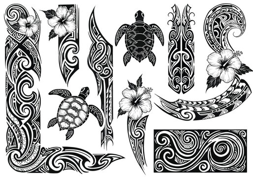 Intricate Polynesian Tribal Tattoo Art Featuring Sea Turtles and Floral Patterns in Black and White Vector Illustration with Cultural Symbols