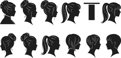 Female hairstyle silhouette puzzle, visual matching game, cognitive test concept, head shape icons, brain teaser, black vector illustration