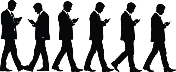 Businessman walking with smartphone, silhouette sequence, mobile distraction concept, vector illustration, modern lifestyle, digital behavior icon set