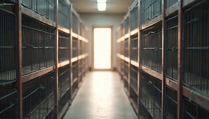 Rows of empty cages await pets in animal shelter hallway. Bright light streams through doorway, symbolizing hope for adoption. This kennel offers temporary home for homeless animals.