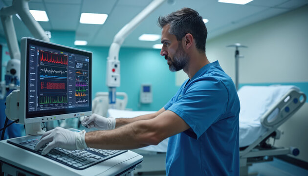 Male doctor in scrubs works on computer with medical data. Nurse monitors patient vital signs on advanced screen in hospital room. Healthcare pro uses modern equipment for diagnosis, care in clinic, - Powered by Adobe