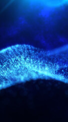 Glowing particles forming soft blue waves in a deep atmospheric digital landscape