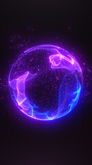 Glowing digital sphere made of purple and blue dots on a dark background