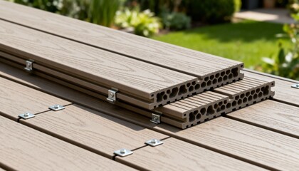 Medium shot of cellular composite decking pieces laid out showcasing lightweight structure and innovative design for garden decks.