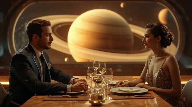 Charming Caucasian twosome having romantic meal with cosmic view