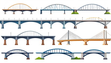 Cartoon bridges set with different types on white.