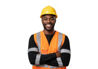 Smiling construction worker with yellow hard hat and orange safety vest arms crossed isolated on transparent background