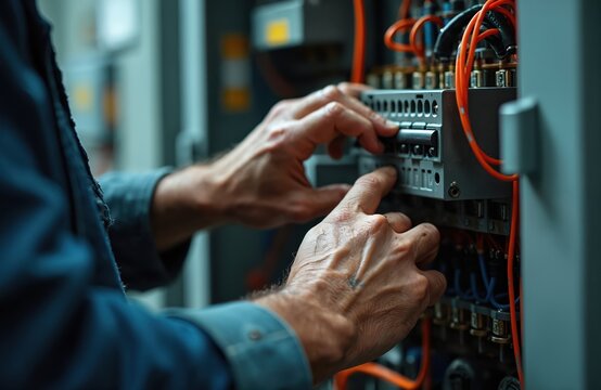 Electrician hands work on circuit breaker panel with wires. Pro technician installs or repairs electrical system in industrial building. Man with tools checks power supply.