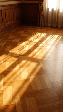 Sunlit parquet floor, golden light through window drapes, panelled wood walls