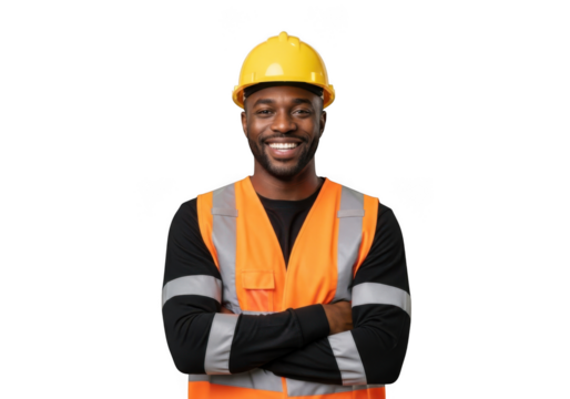 Smiling construction worker with yellow hard hat and orange safety vest arms crossed isolated on transparent background - Powered by Adobe