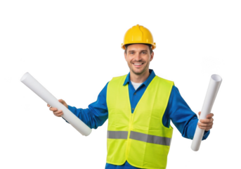 Smiling construction worker wearing yellow hard hat and high visibility vest holding blueprints isolated on transparent background