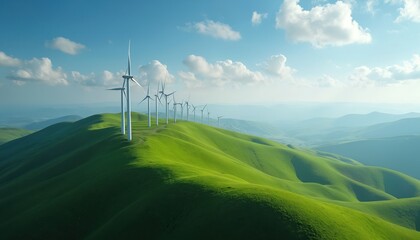 Wind turbines on green hills generate electricity. White windmills stand on grass. Blue sky with clouds over eco power station. Clean renewable energy concept. Modern wind farm landscape.
