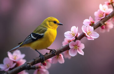 Small yellow bird sits on blooming branch with pink flowers. Bird has black and white wing markings. Soft pink background suggests spring season and nature.