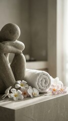 Stone sculpture with spa towel and flowers  
