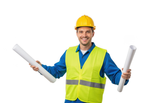 Smiling construction worker wearing yellow hard hat and high visibility vest holding blueprints isolated on transparent background