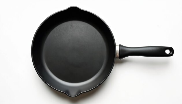 Top view of empty black frying pan on white surface. Kitchenware item is isolated. Handle is visible. Food preparation and cooking concept photo.