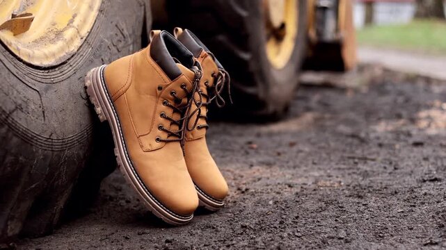 Pair of work boots leaning against a large construction vehicle wheel on a dirt ground. Durability, safety, and rugged industrial footwear.