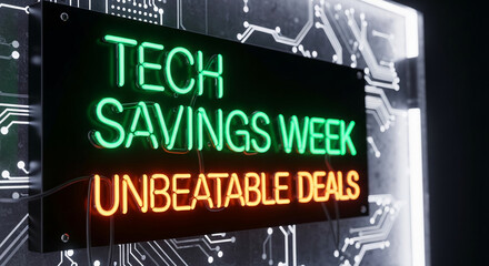 Illuminated sign displaying "Tech Savings Week Unbeatable Deals" with green and orange neon, against circuit pattern. Represents technology promotion