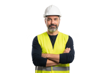 Mature bearded construction worker wearing white hard hat and yellow safety vest with arms crossed isolated on transparent background