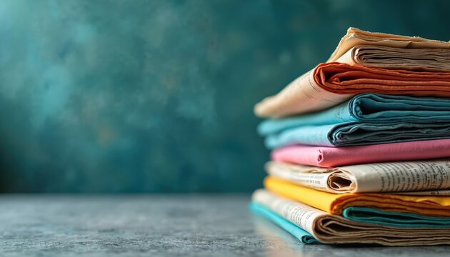 Stack of vibrant newspapers on table. Colorful newsprint pile shows daily updates. Papers feature articles, info. Media outlet can use it. Design studio use news background.