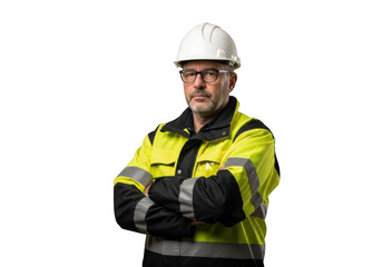 Serious male construction worker wearing high visibility safety jacket and white hard hat with arms crossed isolated on transparent background