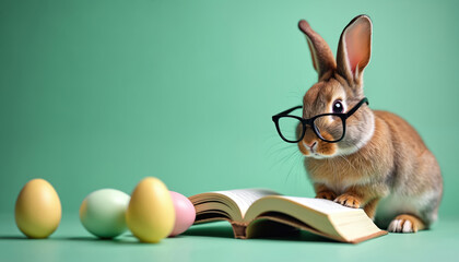 Cute bunny wears glasses, reads book near pastel Easter eggs. Spring concept with intelligent rabbit, soft green background, bright natural light. Focus on learning.
