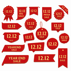 12.12 Collection of red sale, discount tags, labels, banner, special offer best price shop now, new with text isolated on white background for promotional shopping day event, web, ads, retail store