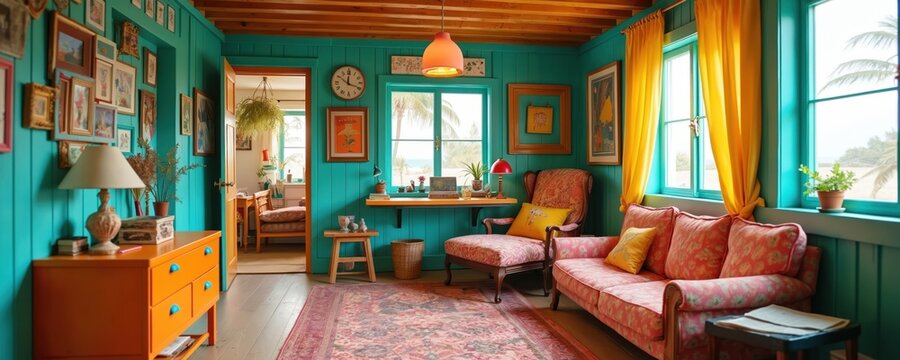Quirky beach house interior features bright colors. Turquoise walls contrast with vibrant orange furniture. Decorated space includes artwork furniture. Tropical style with palm tree view from window