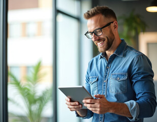 Happy businessman using tablet in modern office. Man with glasses smiles while working with digital device. Corporate worker uses tech to browse info indoor.