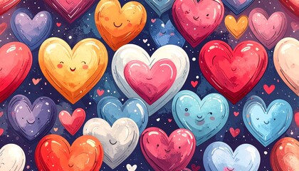 Colorful hearts floating in dark starry sky.