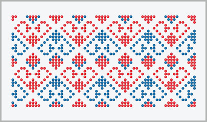 Red and blue Ukrainian heart repeat ornament from Zaporizhzhia region. Beaded style for design and decorative use